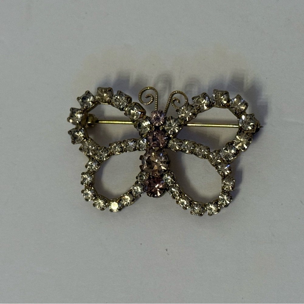 BROOCH BUTTERFLY BLING CLEAR & PINK RHINESTONES GOLD TONE PRONG SET VINTAGE